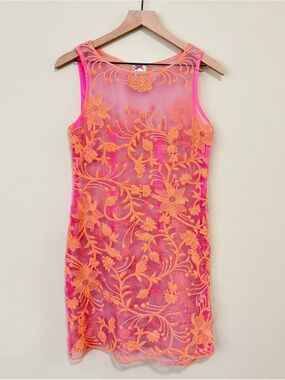 Yoana Baraschi Size 2 Pink Orange Silk Embroidered Sheer Mini Dress
